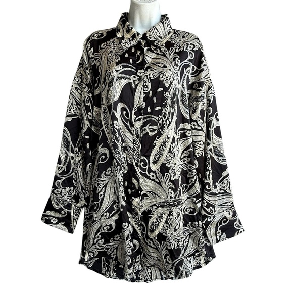 ACOA Black Paisley Tunic Top Women's Size L Long Sleeve Button-Up Blouse - Picture 1 of 4